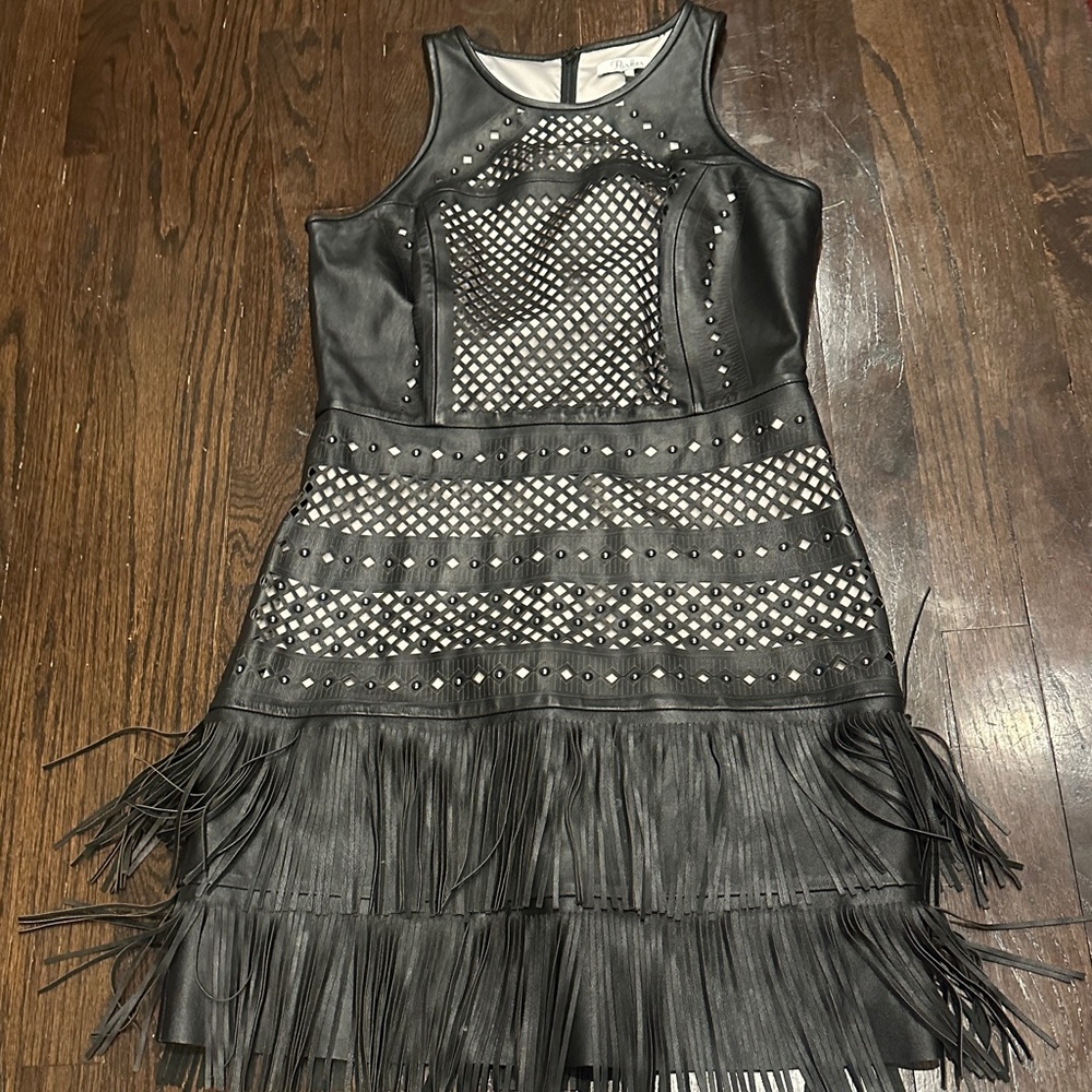 PARKER LEATHER FRINGE MIDI DRESS